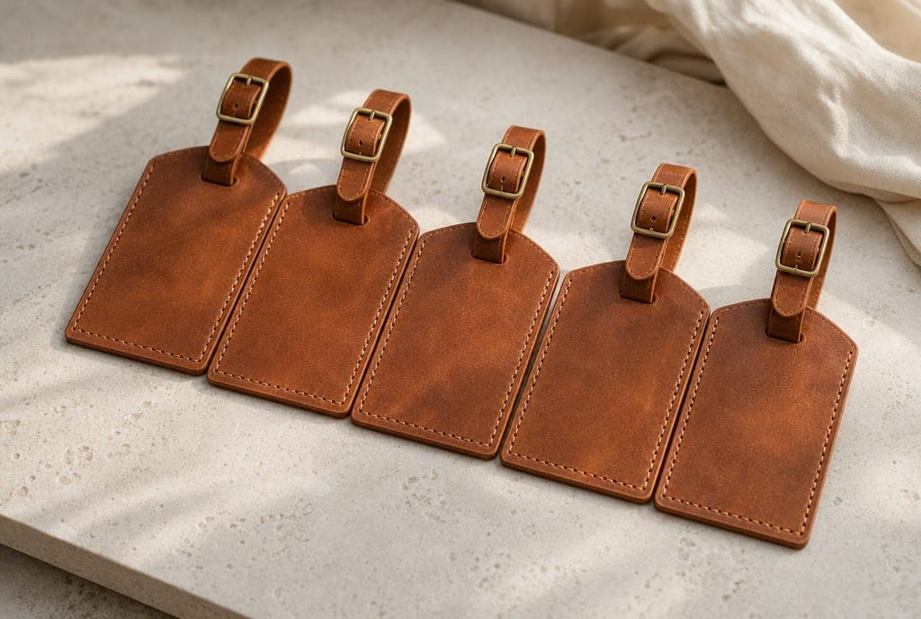 A row of matching copper leather luggage tags on pale stone