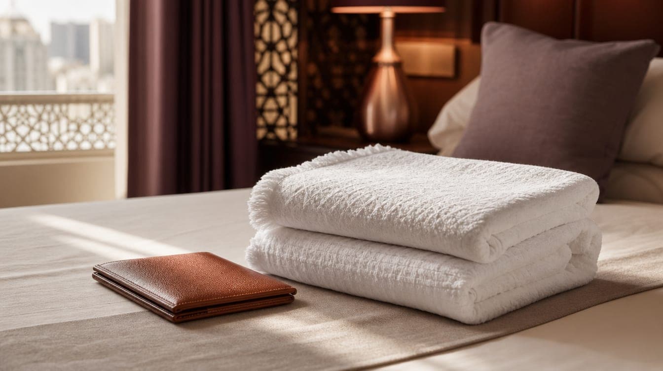 Two folded white ihram cloths on a hotel bed beside a document wallet
