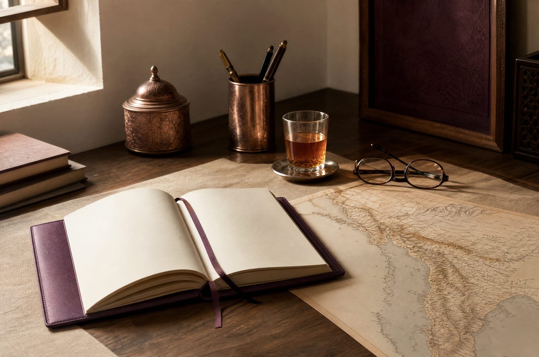 A desk with an open notebook, a map of the Hijaz, a glass of tea and reading glasses