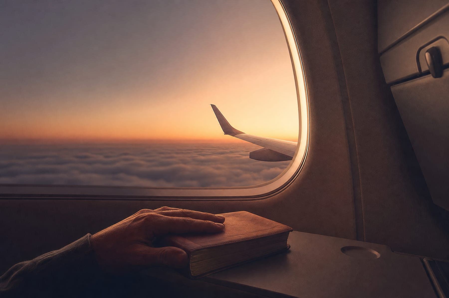 Dawn light on an aircraft wing seen from a window seat, a hand resting on a small book