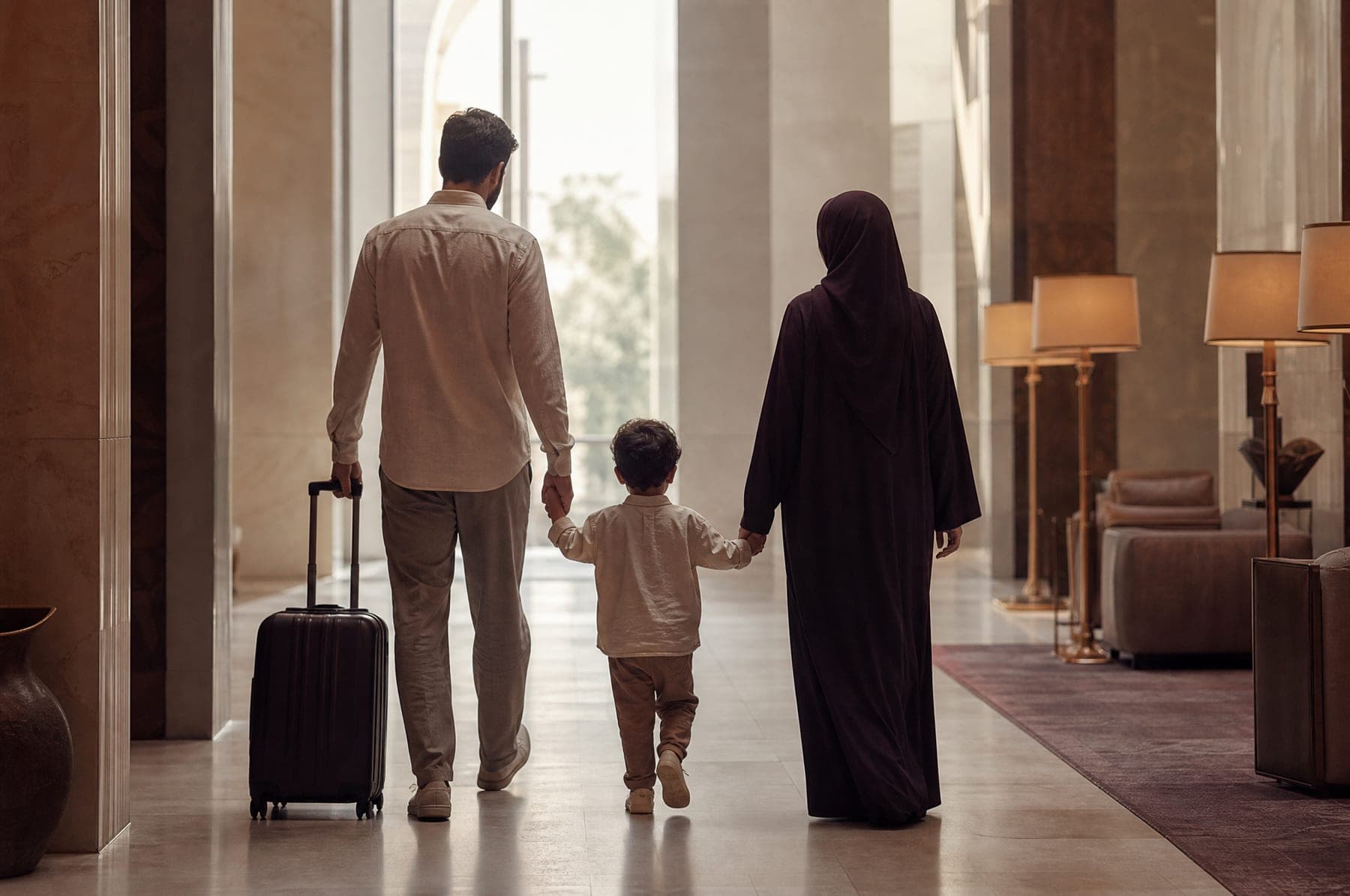 A family with a young child, seen from behind, walking through a calm hotel lobby
