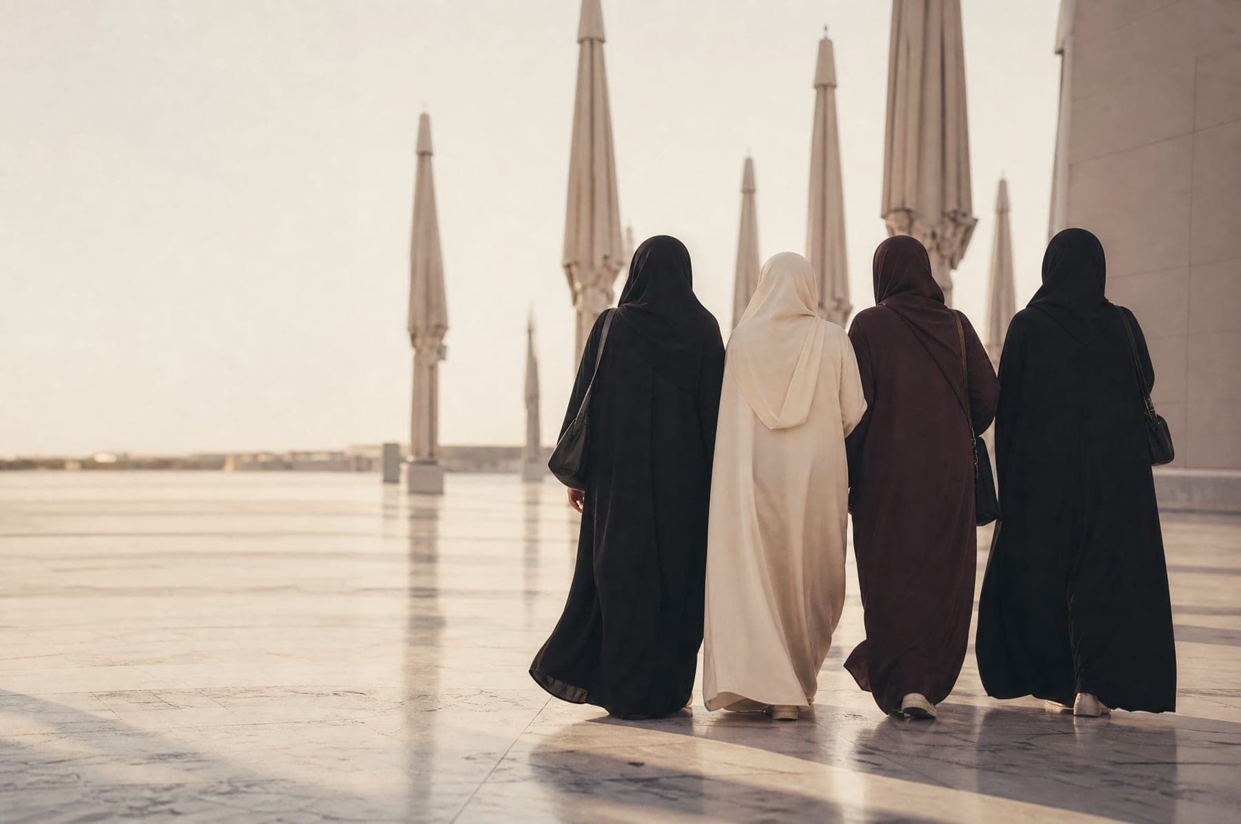 A small group of women in abayas walking together across a quiet marble plaza