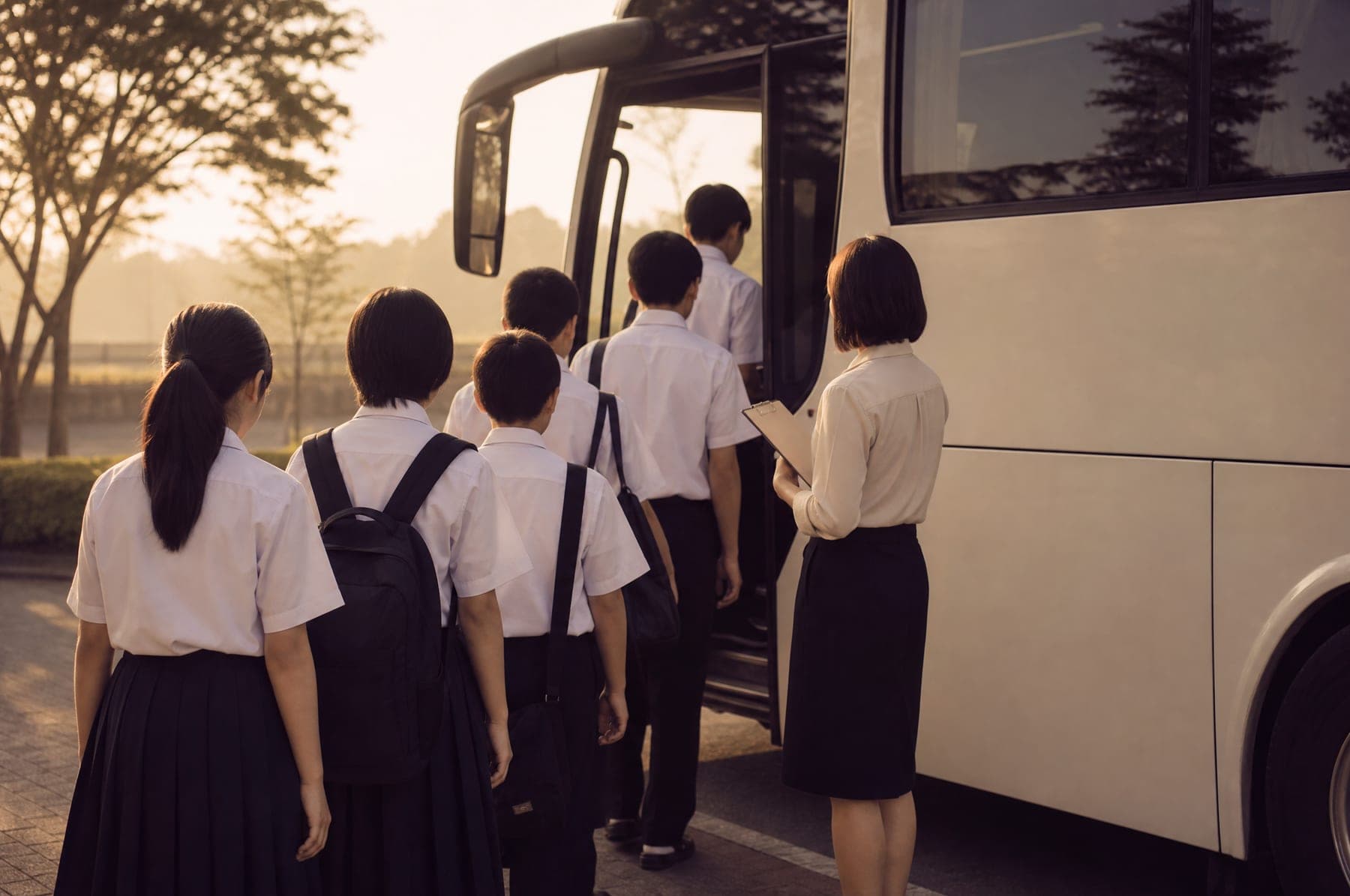 Students in uniform boarding a white coach in the morning