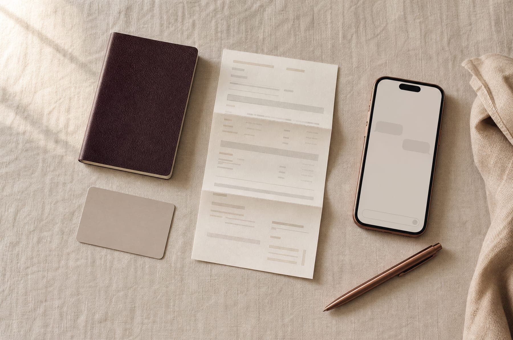 Passport, ID card, itinerary and phone laid out on beige linen