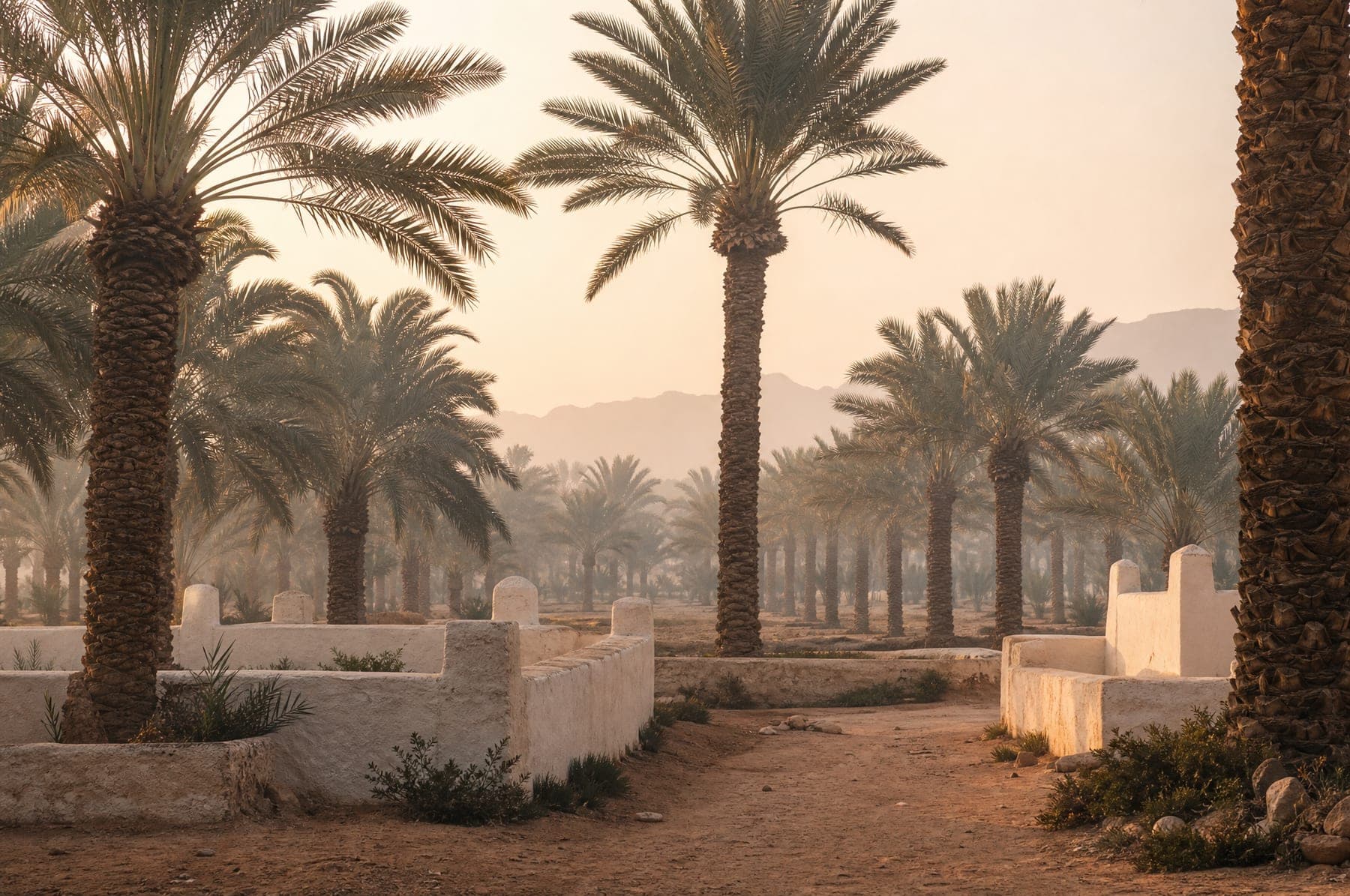 A date palm grove in Madinah at dawn with low white garden walls