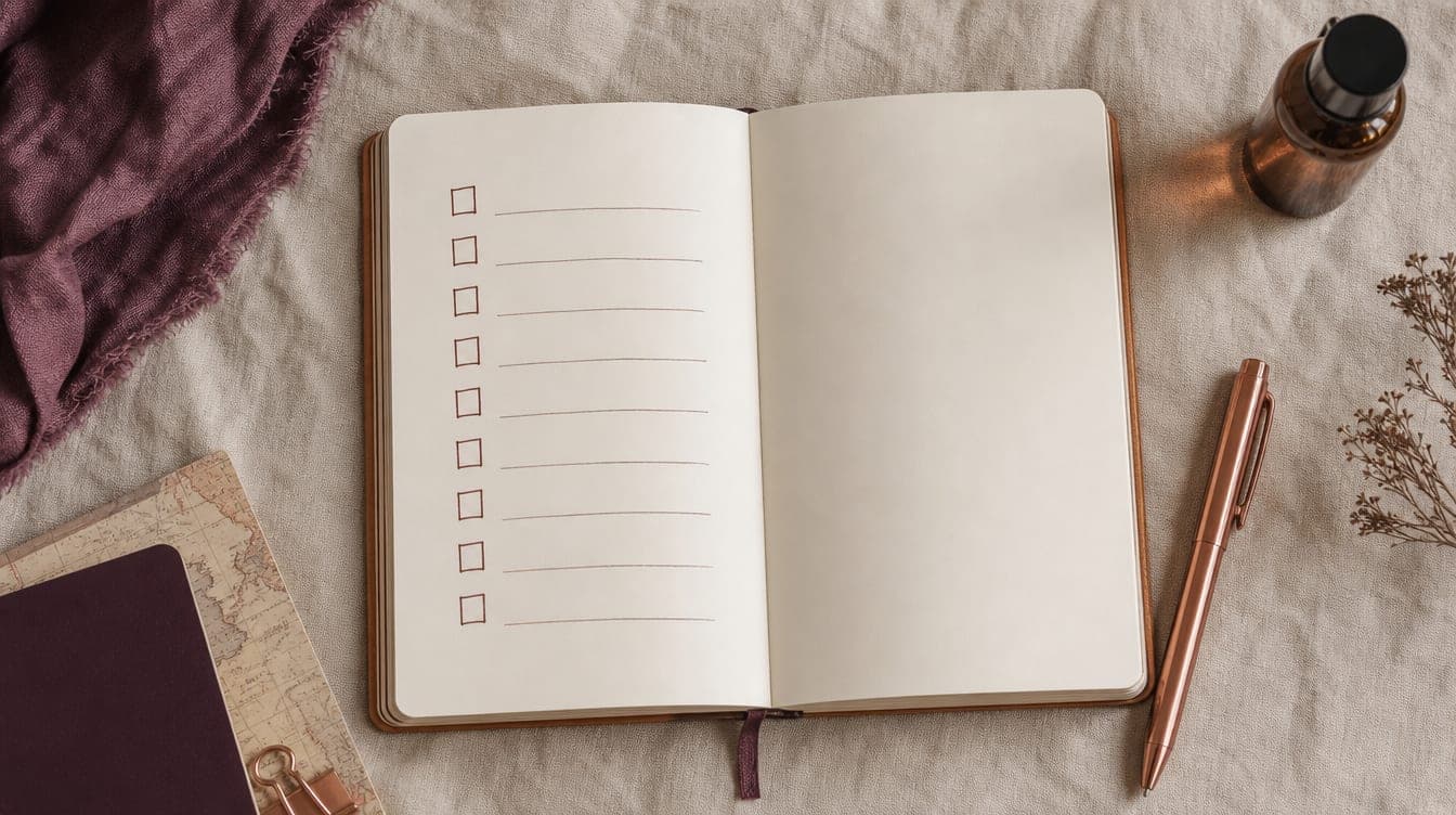 An open notebook with a blank checklist, a pen and a passport corner on linen