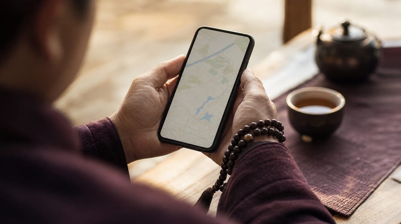 Hands holding a phone showing a map screen, prayer beads around the wrist