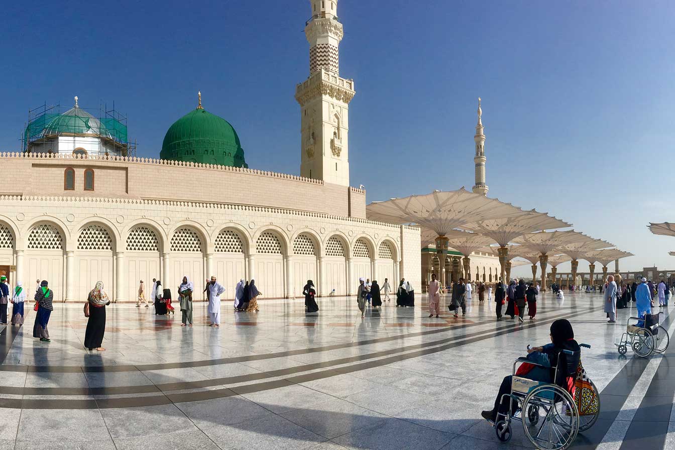 The courtyard of Masjid an-Nabawi in Madinah