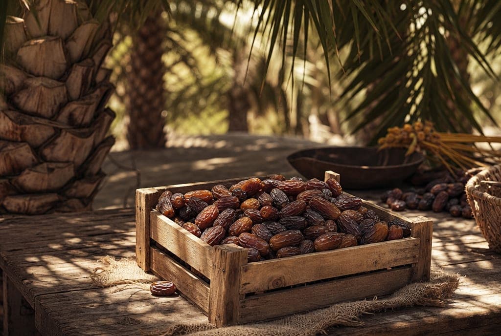 A wooden crate of fresh dates under palm shade